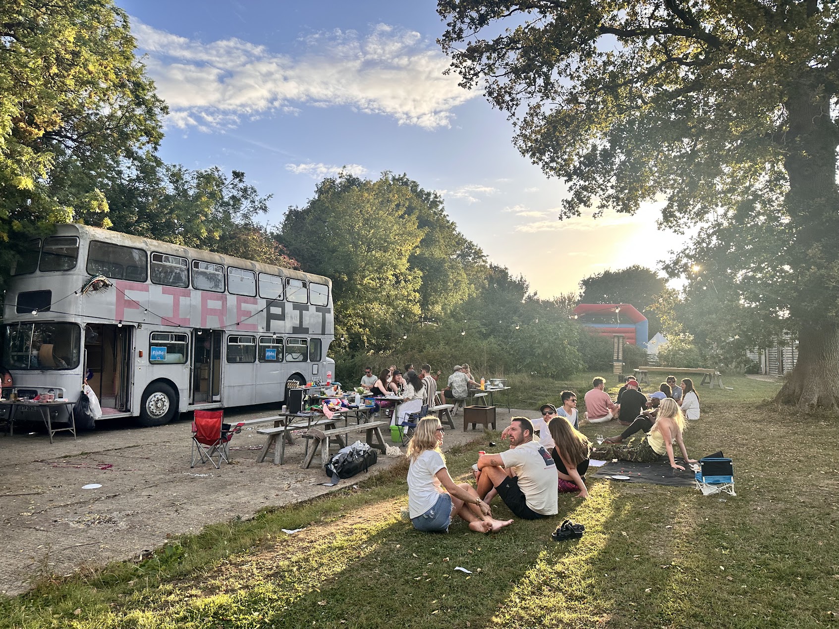 Golden hour by the fire pit bus